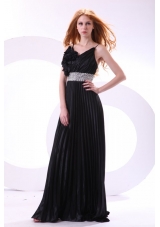 Empire Black Spaghetti Straps Long Pleats and Beading Prom Dress