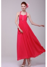 Empire Halter Top Neck Red Beading Ankle-length Prom Dress