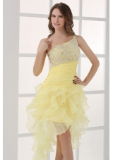 Light Yellow One Shoulder Asymmetrical Organza Prom Dress with Beading