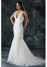 Mermaid  Halter Tulle Court Train Beading 2014 Spring Wedding Dress