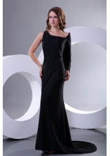 Modest Asymmetrical Black Column Sweep Train Prom Dress with Long Sleeve