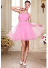 Rose Pink Halter Top Neck Mini-length Beading Prom Dress with Organza