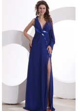 Sexy V-neck Chiffon Sequins High Silt Prom Dress with Long Sleeve