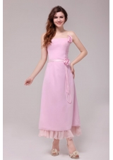 Strapless Baby Pink Hand Made Flowers Tea-length Prom Dress