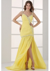 Yellow Straps Column Beaded Decorate and Silt Sweep Train Prom Dress