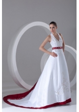 A-Line Halter Embroidery Lace Up Wedding Dress with Satin Chapel Train