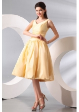 A-line Light Yellow V-neck Knee-length Ruching Prom Dress