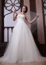 A-Line Strapless Beading Tulle and Organza Zipper Up Wedding Dress