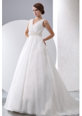 A-Line V-Neck Zipper Up Court Train Beading and Ruching Organza Wedding Dress