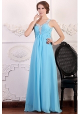 Aqua Blue One Shoulder Empire Chiffon Beaded Decorate Prom Dress