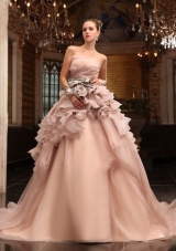 Ball Gown Strapless Champagne Ruffles Organza Wedding Dress with Court Train