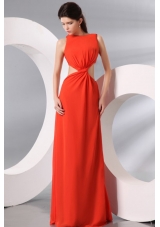 Bateau Coral Red Chiffon Ruche Long Prom Dress with Cut Out