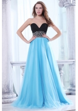 Beaded Decorate Waist Sweetheart Black and Aqua Blue Prom Dress