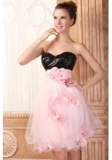 Black and Pink Sweetheart Hand Made Flowers Mini-length Prom Dress