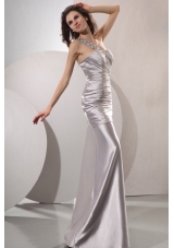 Column Beaded Decorate One Shoulder Long Prom Dress in Gray