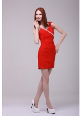 Column Red Asymmetrical Mini-length Beading Prom Dress with Chiffon