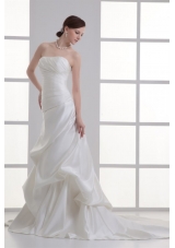 Column Strapless Pick-ups Ruching Satin Court Train Wedding Dress