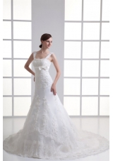 Column Straps Appliques Lace Wedding Dress with Chapel Train