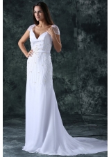 Column V-Neck Cap Sleeves Brush Train Zipper Up Chiffon Wedding Dress