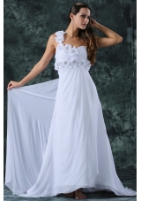Empire One Shoulder Brush Train Hand Made Flower Zipper Up Chiffon Wedding Dress