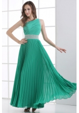 One Shoulder Green Empire Ankle-length Beading and Pleats Prom Dress