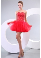 Red A-line Sweetheart Beading Tulle Mini-length Prom Dress