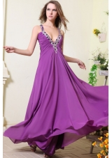 Sexy V-neck Empire Chiffon Beaded Decorate Prom Dress in Purple