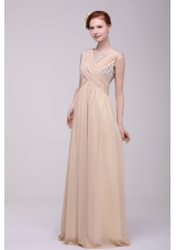 V-neck Empire Chiffon Beaded Decorate Brush Train Prom Dress