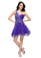 A-line Purple One Shoulder Beading Tulle Prom Dress