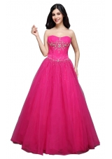 A-line Strapless  Hot Pink Appliques Organza Beading Prom Dress
