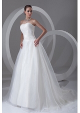 A-line Strapless Ruching Brush Train Organza Wedding Dress