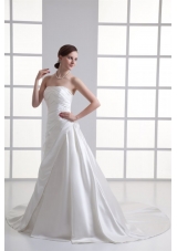 A-line Strapless Ruching Chapel Train Satin Wedding Dress