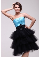 Aqua Blue and Black Short Prom Dress with Flowers and Layers