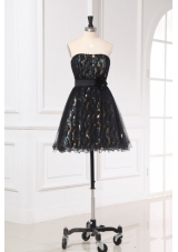 Black Mini-length Short Prom Dress with Flowers Belt