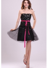 Black Strapless Prom Dress with Pink Sash and Sequins