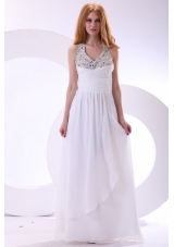 Chiffon  Halter Top Beaded Empire White Prom Dress