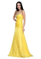 Column One Shoulder Light Yellow Beading Ruching Chiffon Prom Dress