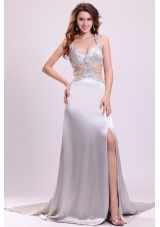 Column Straps Beading Ruching Satin High Slit Gray Prom Dress