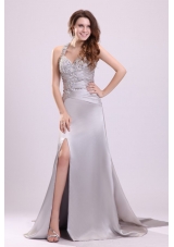 Column Straps Beading Ruching Satin High Slit Gray Prom Dress