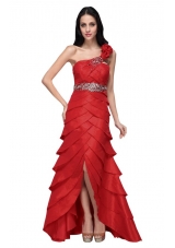 Column Wine Red Hand Made Flowers Strapless Beading Ruffled Layers Prom Dress