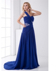 Elegant Empire One Shoulder Brush Train Beading Criss Cross Chiffon Blue Prom Dress