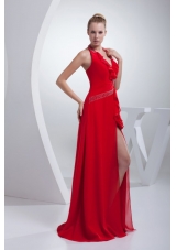 Empire Brush Train Red Beading Halter Chiffon 2014 Prom Dress