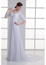 Empire Square Half Sleeves Chiffon Court Train Wedding Dress