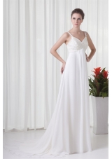 Empire Straps Appliques Chiffon Brush Train Wedding Dress