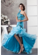 Mermaid One Shoulder Blue Appliques and Ruffled Layers Orange Prom Dress