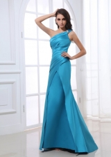 Mermaid One Shoulder Ruching Beading Blue Floor-length Prom Dress