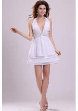 Sexy Beaded Halter Top Prom Dress in White Color