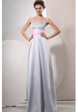 Silver Empire Halter Top Prom Dress with Baby Pink Belt