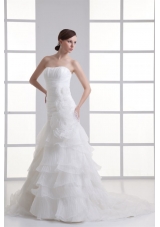 Strapless Hand Made Flowers Ruffled Layers Ruching Court Train Wedding Dress