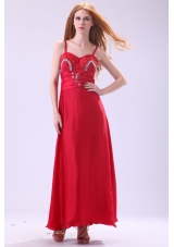 2014 Column Straps Ankle-length Beading Red Chiffon Prom Dress
